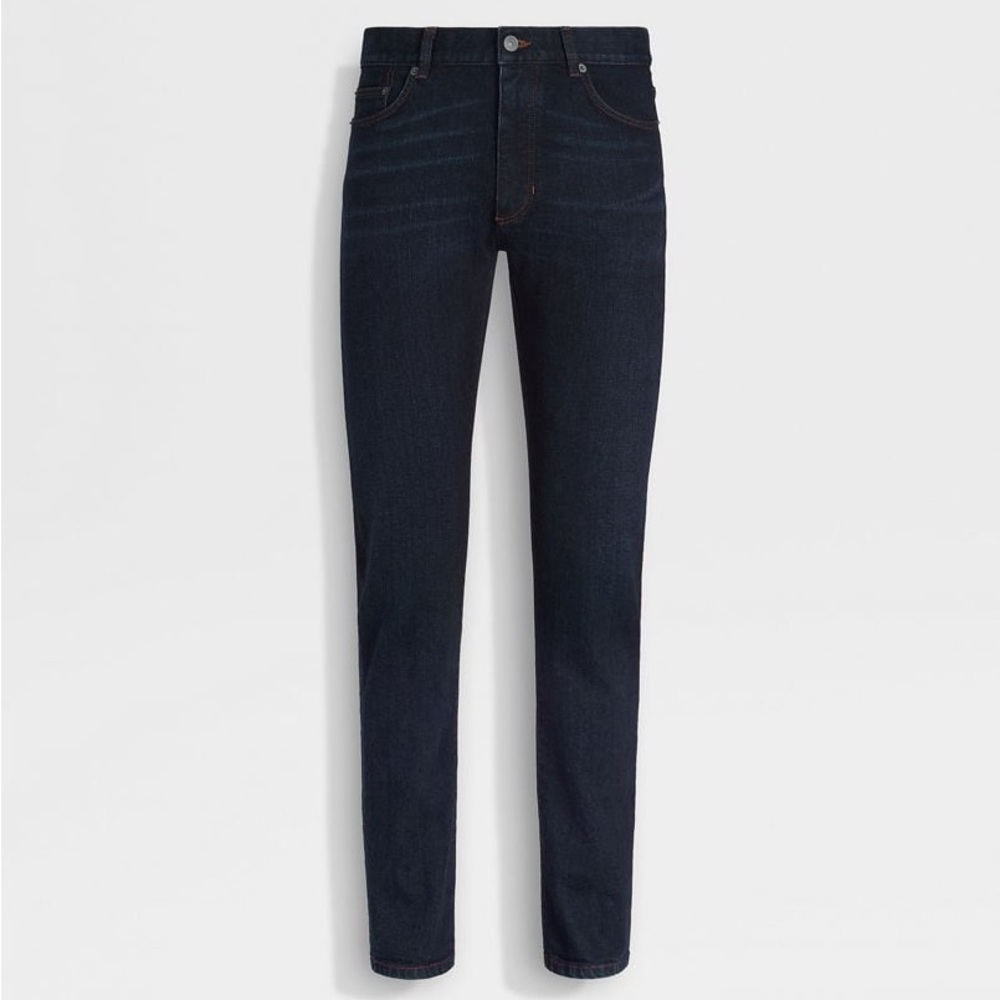 NWT: ZEGNA DARK BLUE RINSE-WASHED STRETCH COTTON ROCCIA JEANS - SIZE 32
